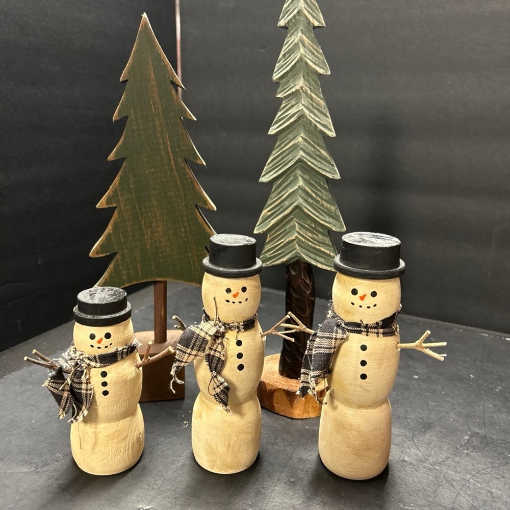 Wooden Snowman Trio Holiday Decor in Cream and Black